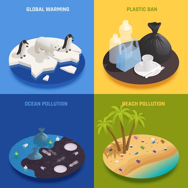 Concepto de diseño isométrico 2x2 de contaminación del océano con texto y ronda que representan diferentes tipos de ilustración de contaminación