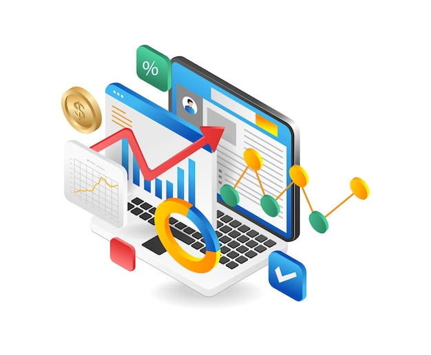 Concepto de diseño isométrico 3d plano de análisis de datos de análisis en línea estrategia comercial de investigación de informes financieros