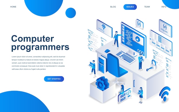 Concepto de diseño isométrico moderno de los programadores informáticos.