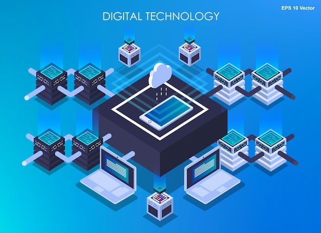 Concepto de diseño isométrico realidad virtual y desarrollo de tecnologías digitales centro de datos isométrico sala de servidores de tecnología digital