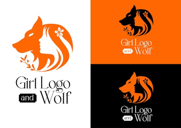 Concepto de diseño de logo de niña y lobo