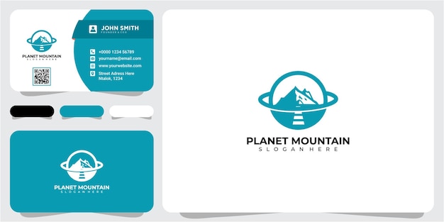 Concepto de diseño de logo de planet mountain adventure. concepto de diseño de logotipo de planeta aventura con tarjeta de visita