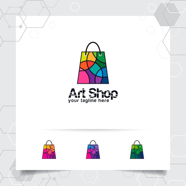 Concepto de diseño de logotipo de bolsa de compras de icono de tienda en línea y vector geométrico colorido