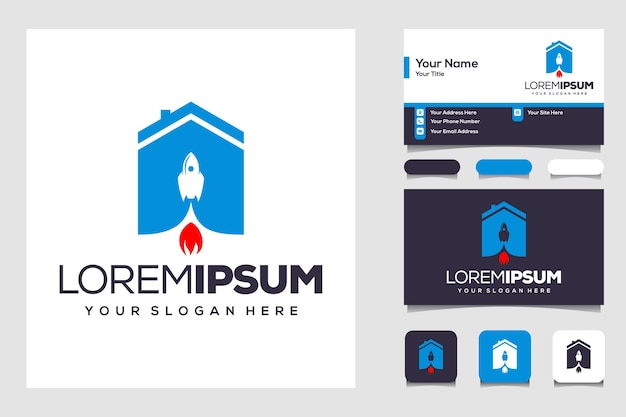Concepto de diseño de logotipo de casa abstracta con casa de tarjeta de visita y cohete