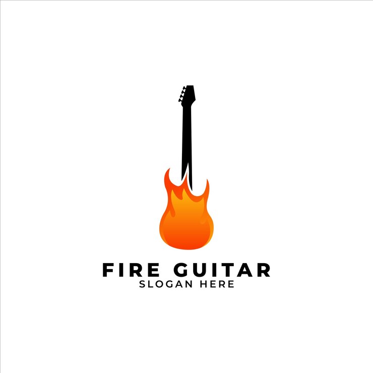 concepto de diseño de logotipo de combinación de guitarra y fuego