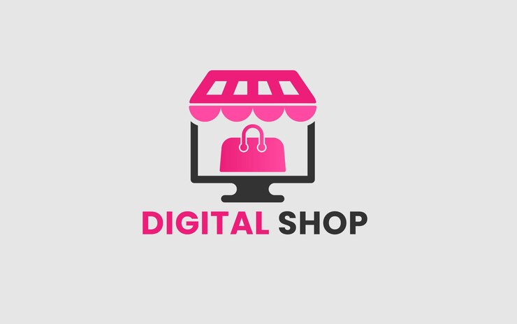 Vector concepto de diseño de logotipo de compras digitales para bolsa de supermercado en computadora