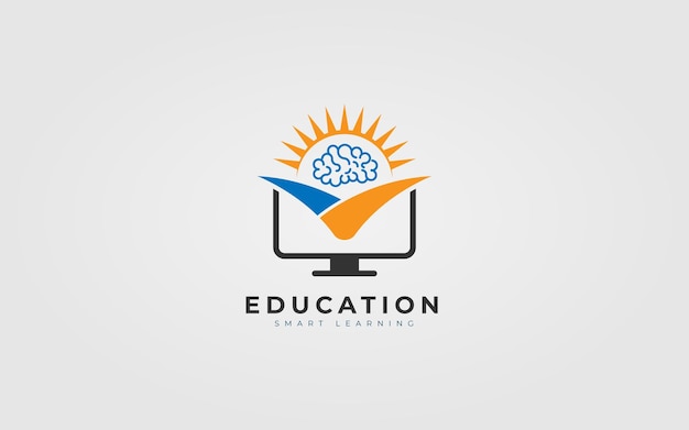 Vector concepto de diseño de logotipo de educación para el libro de computadora del cerebro humano y la educación en línea