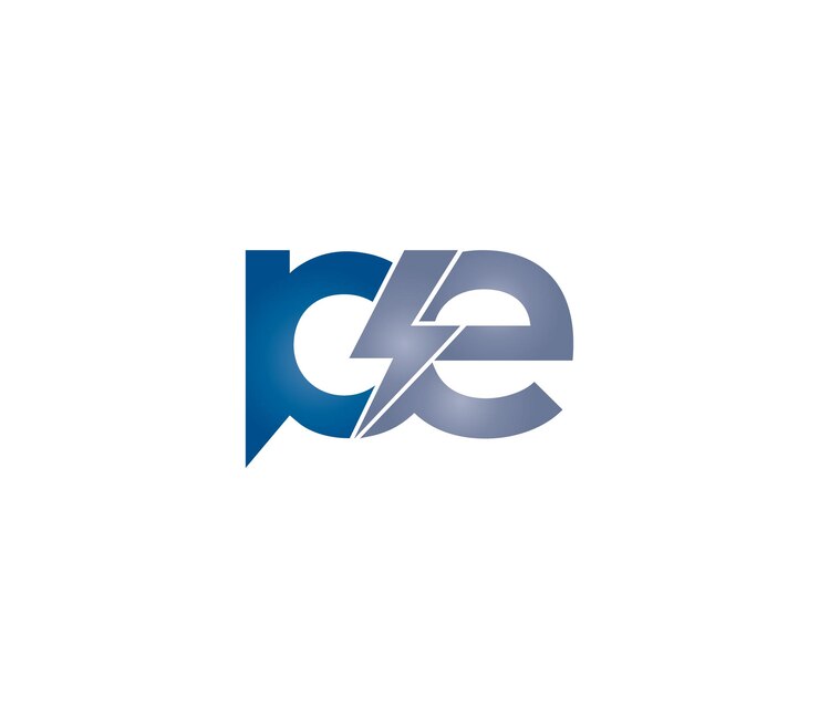 Vector el concepto de diseño del logotipo eléctrico del alfabeto pe