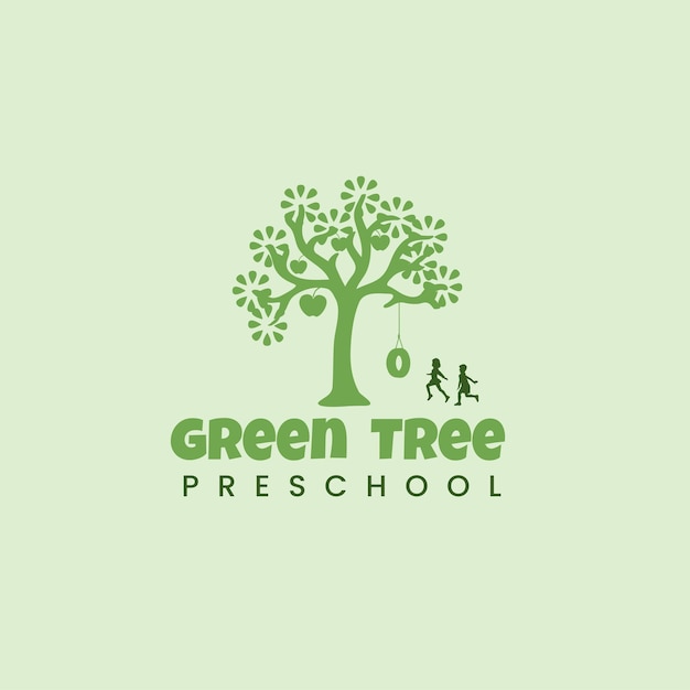 Vector concepto de diseño del logotipo de la escuela preescolar green tree con elementos lúdicos e inspirados en la naturaleza