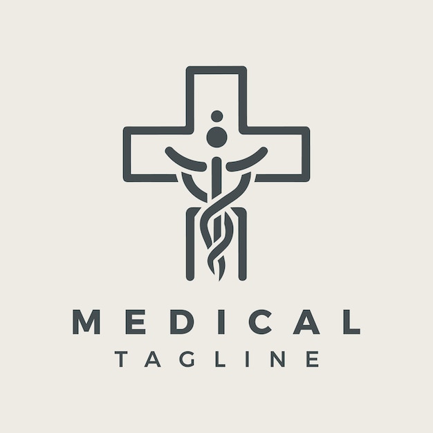 Concepto de diseño de logotipo de hospital plano minimalista Caduceus con icono de atención médica con símbolo más