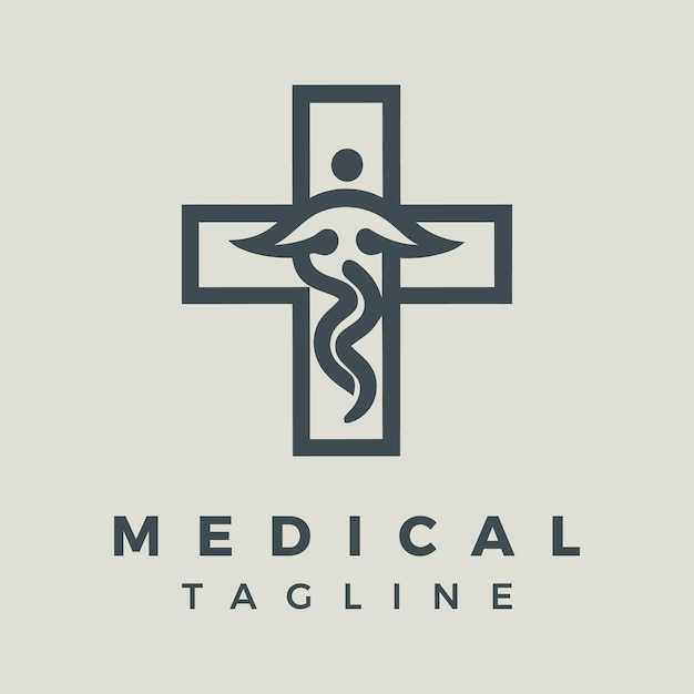 Concepto de diseño de logotipo de hospital plano minimalista Caduceus con icono de atención médica con símbolo más