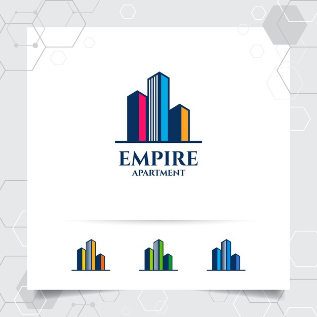 Concepto de diseño de logotipo inmobiliario de icono de apartamento y propiedad de construcción para contratista de construcción