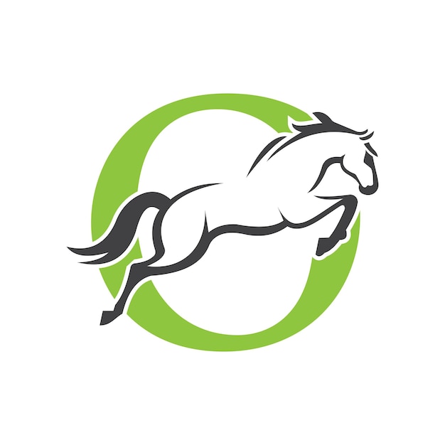 Concepto de diseño de logotipo de la letra inicial O Horse con plantilla vectorial de símbolos de caballos saltadores