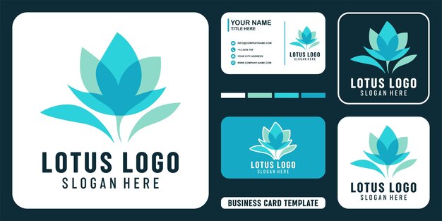 Concepto de diseño de logotipo plano de loto verde y plantilla de tarjeta de visita