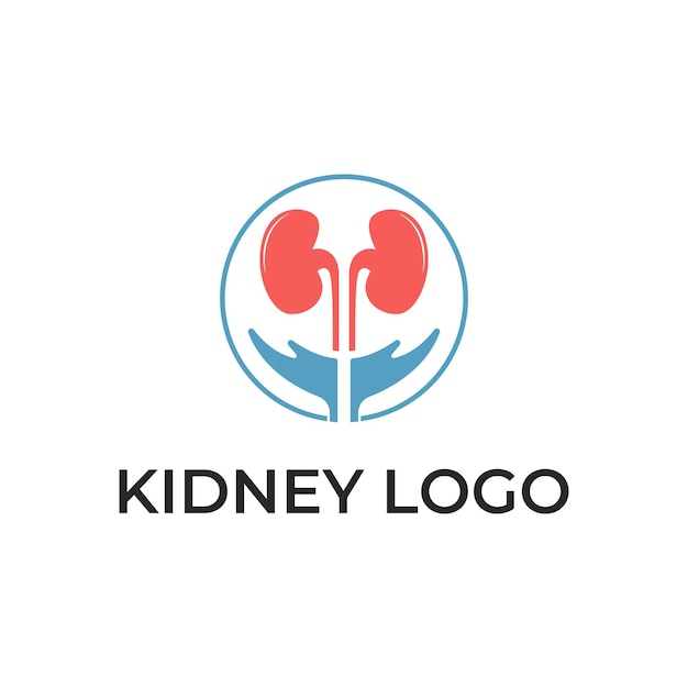 concepto de diseño del logotipo del riñón con mano y círculo de etiqueta