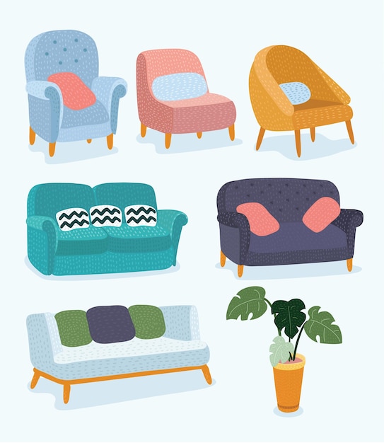 Concepto de diseño de muebles de sala de estar conjunto con elementos interiores de casas modernas aislado ilustración vectorial ...