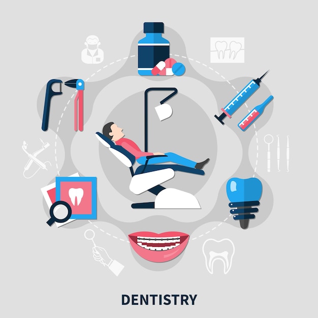 Vector concepto de diseño de odontología con paciente en sillón médico y herramientas para cuidado dental plano