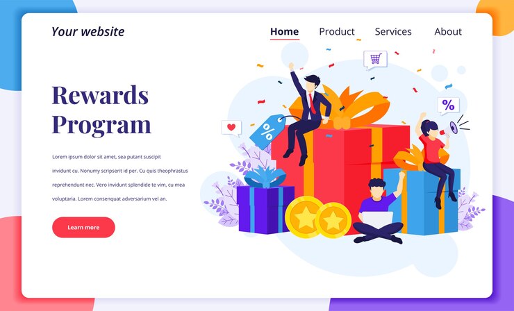 Vector concepto de diseño de página de destino del programa de marketing de fidelización. personas cercanas a grandes cajas de regalo, descuentos, puntos de tarjetas de recompensas y bonificaciones