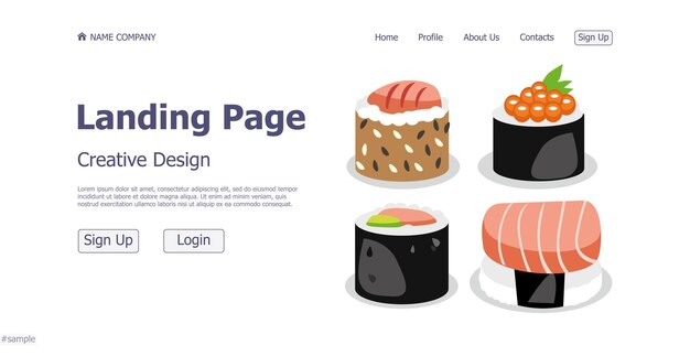 Concepto de diseño de la página de destino del sitio web del restaurante de la tienda de sushi y rollos Vector