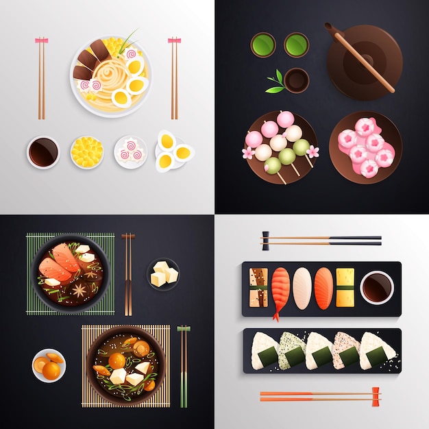 Concepto de diseño plano 2x2 de cocina de comida japonesa tradicional con cuatro composiciones cuadradas con platos servidos