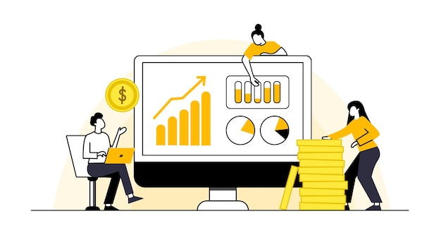 Concepto de diseño plano bolsa de valores y comerciante negocio del mercado financiero con análisis de gráfico gráfico