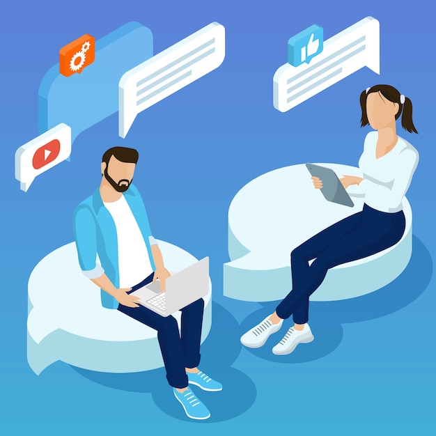Concepto de diseño plano para conexiones de redes sociales móviles personas de marketing por correo electrónico chateando Concepto de testimonios con jóvenes haciendo comentarios en redes sociales