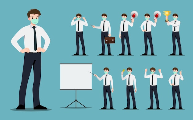 Concepto de diseño plano de empresario usar máscara de cirugía para proteger el virus corona con diferentes poses, trabajando y presentando gestos, acciones y poses del proceso. conjunto de diseño de personajes de dibujos animados.