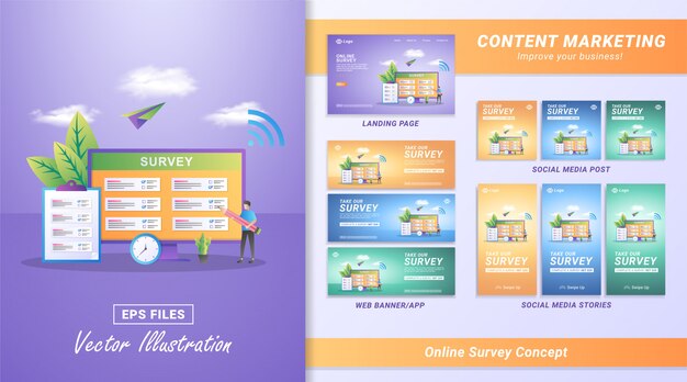 Concepto de diseño plano de encuesta en línea. Las personas responden preguntas de encuestas en línea, concepto de investigación de encuestas.