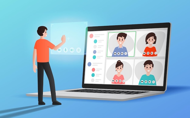 Concepto de diseño plano de ilustración en línea de reunión de videoconferencia. grupo de personas en la pantalla de la computadora con trabajador. líder trabajo desde casa reunión en línea con los empleados en la pantalla del portátil.