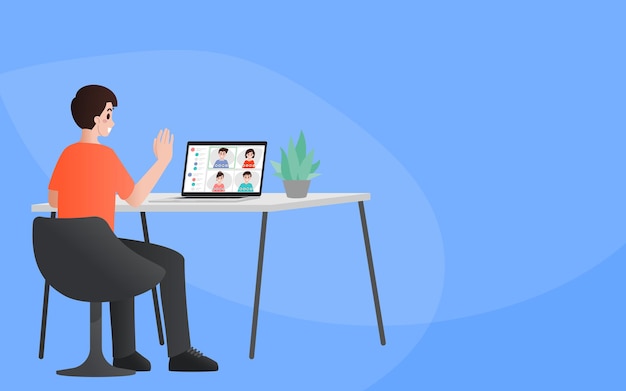 Concepto de diseño plano de ilustración en línea de reunión de videoconferencia. Grupo de personas en la pantalla de la computadora con trabajador. Líder trabajo desde casa reunión en línea con los empleados en la pantalla del portátil.