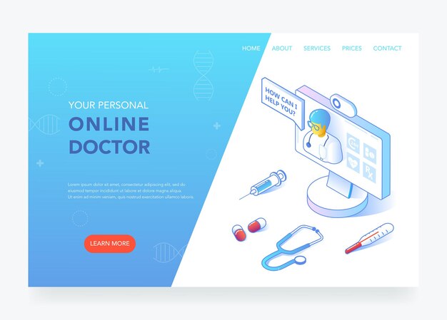 Concepto de diseño plano isométrico de medicina y salud en línea. Servicios médicos, plantilla de página de destino de farmacia. Diseño de la página web de la consulta de salud. Ilustración vectorial