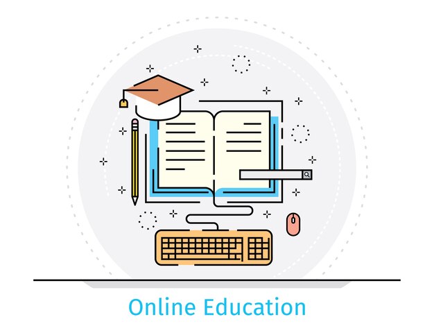 Vector concepto de diseño plano de línea delgada de educación en línea