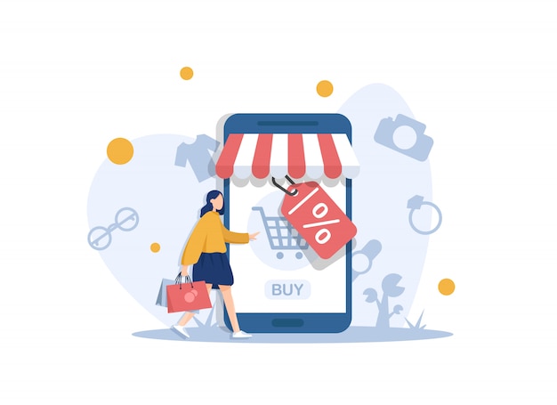 Concepto de diseño plano moderno de compras en línea con personas pequeñas, desarrollo de sitios web móviles. Diseño de UI y UX