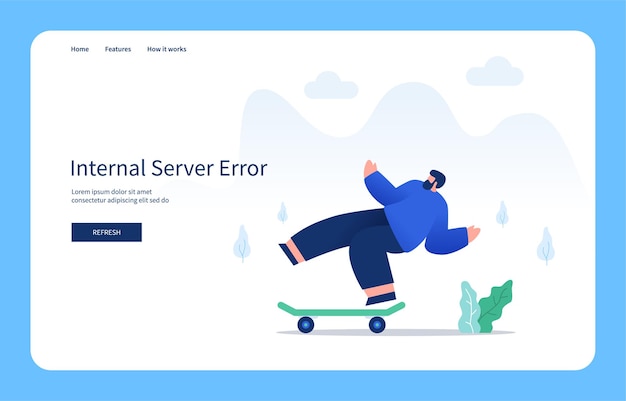 Concepto de diseño plano moderno hombre cayendo monopatín error del servidor interno Estado vacío