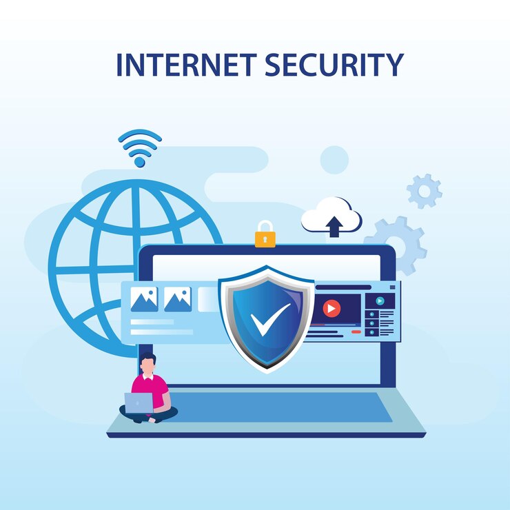 Vector concepto de diseño plano moderno de seguridad en internet con personajes usando laptop
