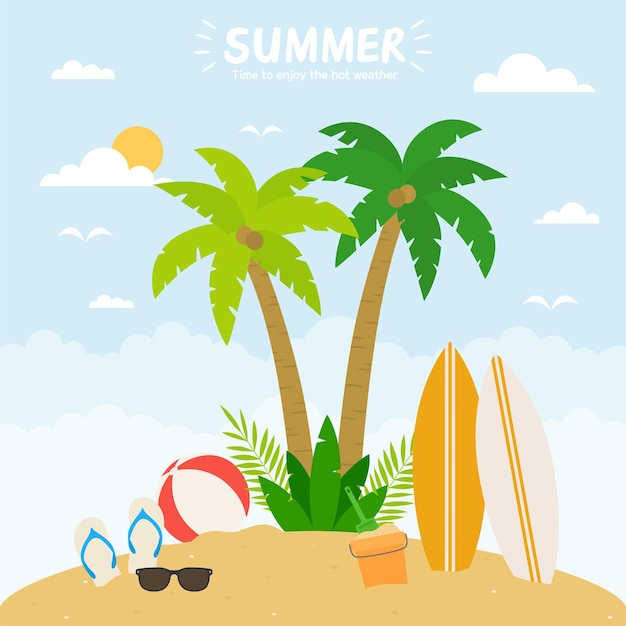 Concepto de diseño plano de playa de verano con zapatillas de palma y ilustración vectorial de tabla de surf