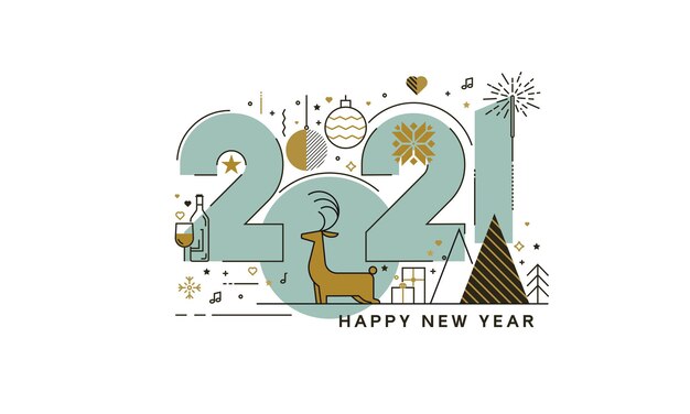 Concepto de diseño plano de tarjeta de felicitación de feliz año nuevo 2021, tarjeta de moda y minimalista o fondo. Diseño moderno de línea fina.