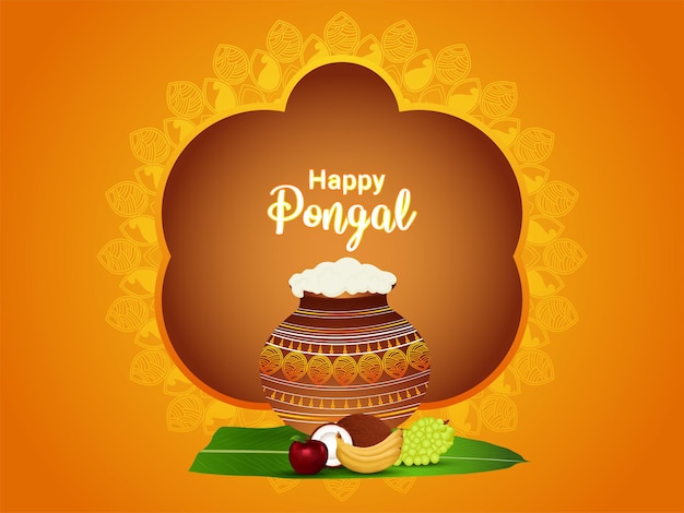 Concepto de diseño pongal feliz con frutas y hoja de plátano