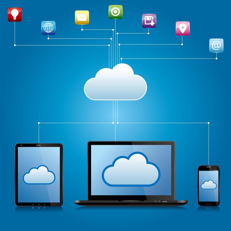 Vector concepto de diseño de red y computación en la nube. el fondo es azul.