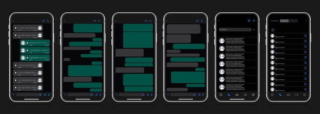 Concepto de diseño de redes sociales sobre fondo oscuro teléfono inteligente con pantalla de chat en estilo carrusel burbujas de plantilla de sms para componer diálogos ilustración vectorial moderna en estilo plano