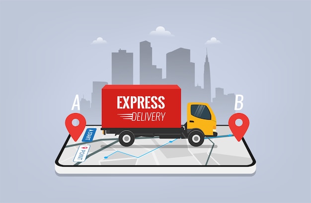 Concepto de diseño de servicio de entrega urgente. Entrega de carga de camiones en la aplicación móvil de teléfono inteligente con navegación GPS.