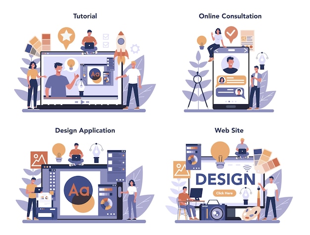 Concepto de diseño de servicio en línea o conjunto de plataforma. Diseño gráfico, web, impresión. Aplicación de diseño en línea, sitio web, consulta en línea, video tutorial. Vector de ilustración plana