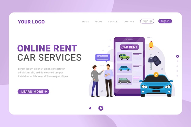 Concepto de diseño de servicios de alquiler de automóviles en línea de plantilla de página de destino