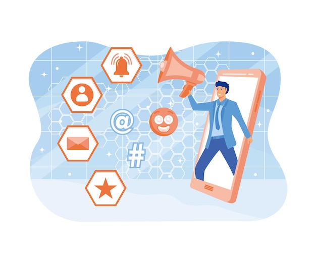 El concepto de diseño de Social Media Influencer muestra a las personas que traen gustos y reacciones para obtener compromiso. Ilustración moderna de vector plano