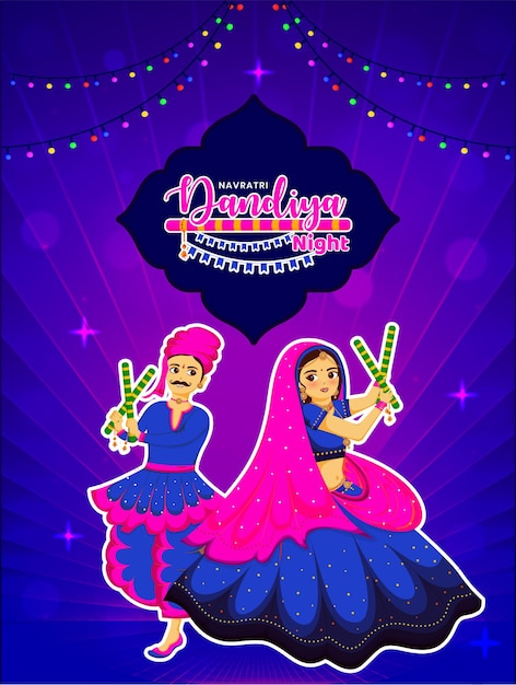 Vector concepto de diseño de tarjeta de invitación de celebración nocturna de dandiya hermosa pareja bailando en garba