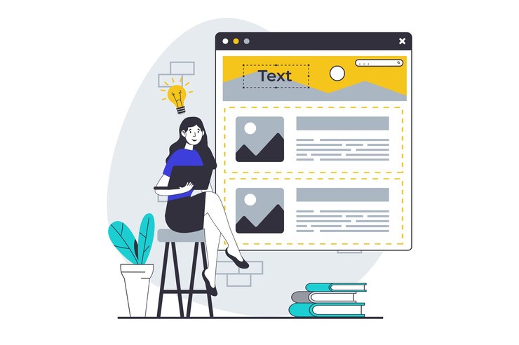 Vector concepto de diseño de ui con escena de personas en gráfico plano para la web mujer que trabaja con el diseño del sitio web llenando contenido y editando página ilustración vectorial para material de marketing de banner de redes sociales
