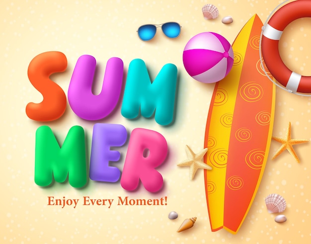 Concepto de diseño de vector de verano con texto colorido en 3D y elementos de verano en el fondo de arena de playa