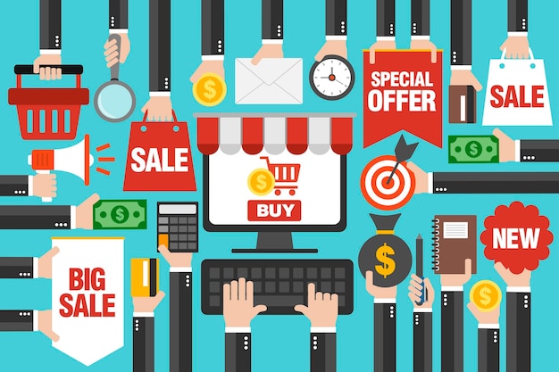 Concepto de diseño de venta plana con ilustración de vector de compras en línea de computadora