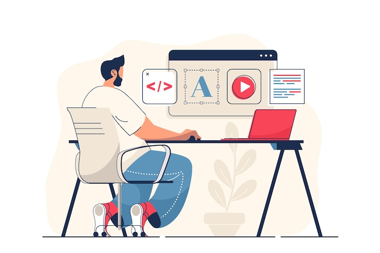 Vector concepto de diseño web para banner web el hombre crea el diseño del sitio coloca elementos gráficos
