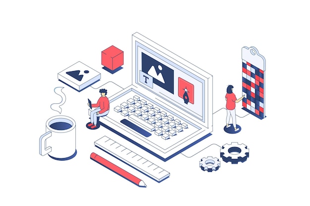 Concepto de diseño web en diseño isométrico 3D Equipo de diseñadores que crean contenido digital y elementos del sitio, creación y configuración de páginas de inicio Ilustración vectorial con escena de personas isométricas para gráficos web